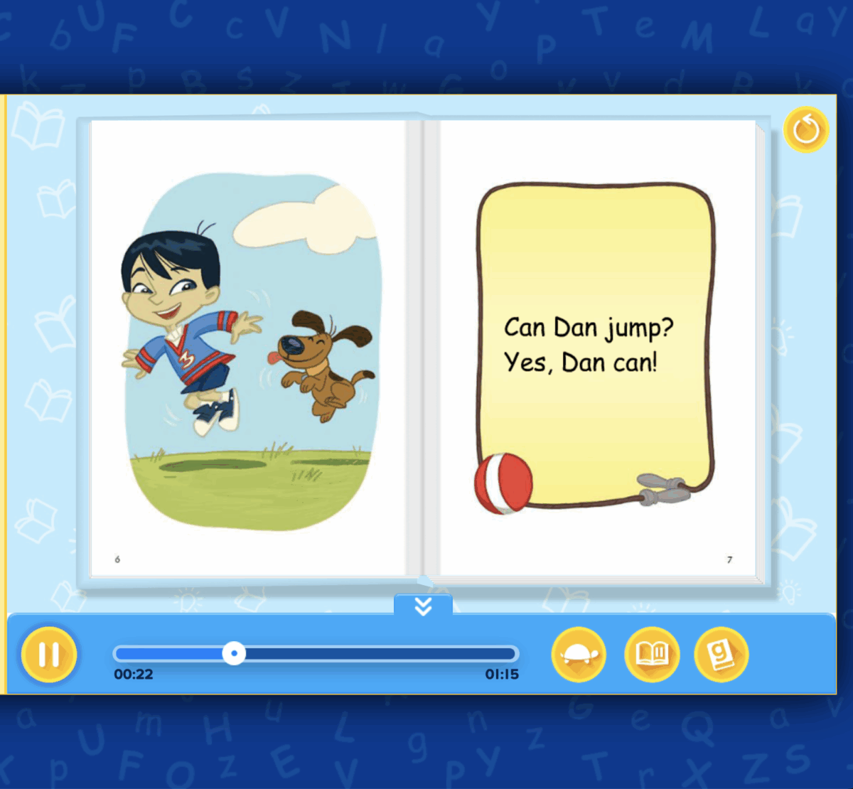 Screenshot of an interactive storybook on the ABCmouse app, showing highlighted text and illustrations.
